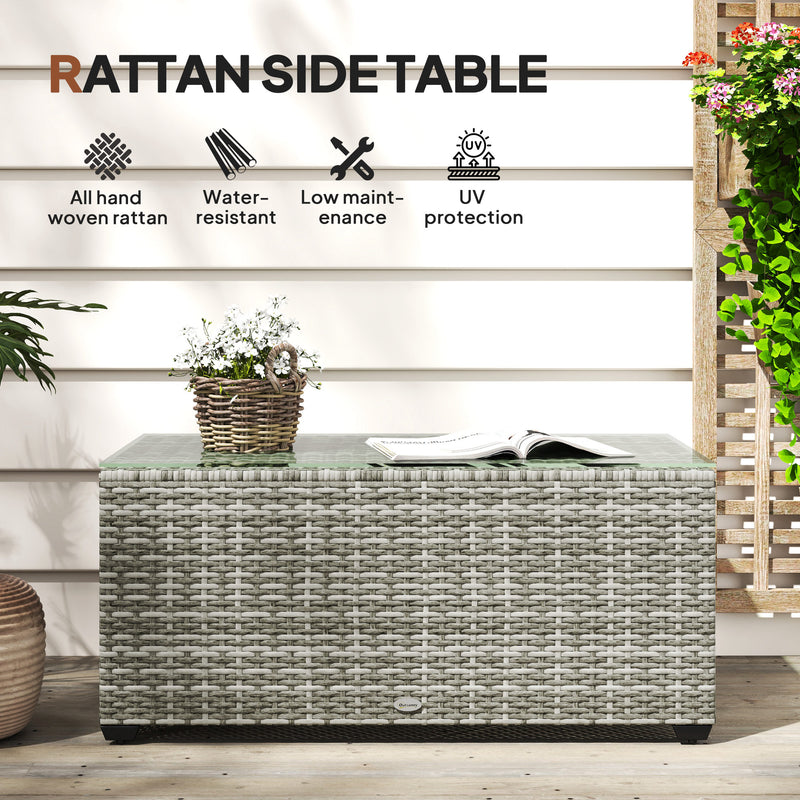 Light Grey Rattan Side Table with 90 x 50cm Glass Top for Garden or Patio by Outsunny