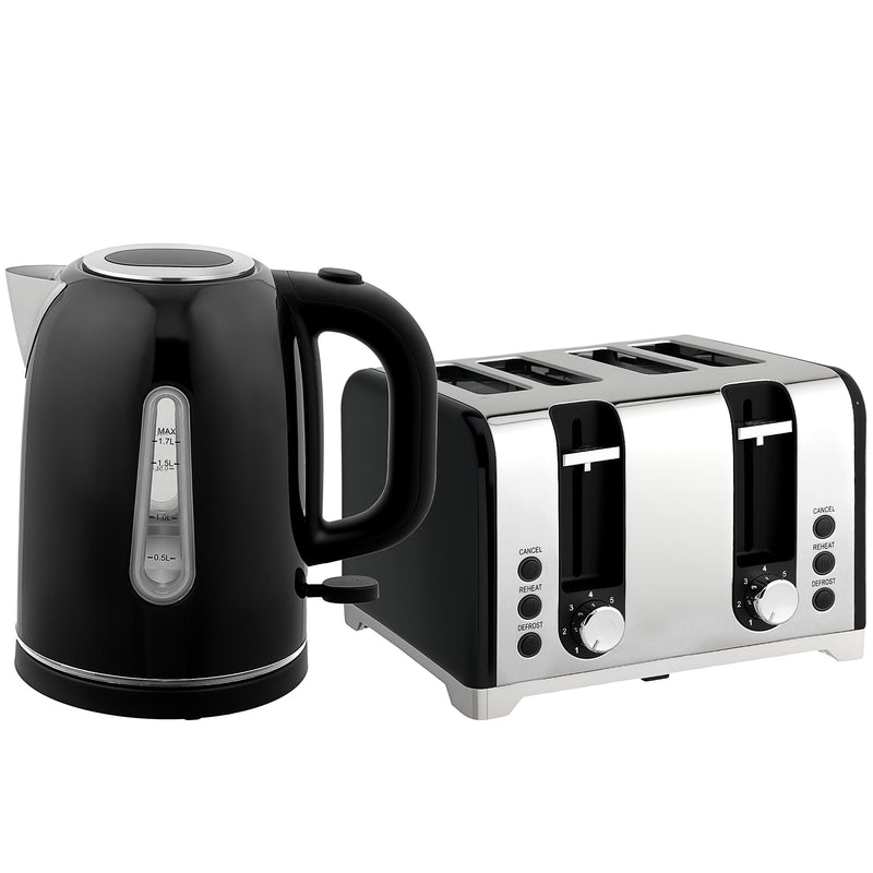 4 Slice Toaster and 17L Rapid Boil Kettle Set With Strix Control and Crumb Tray Black