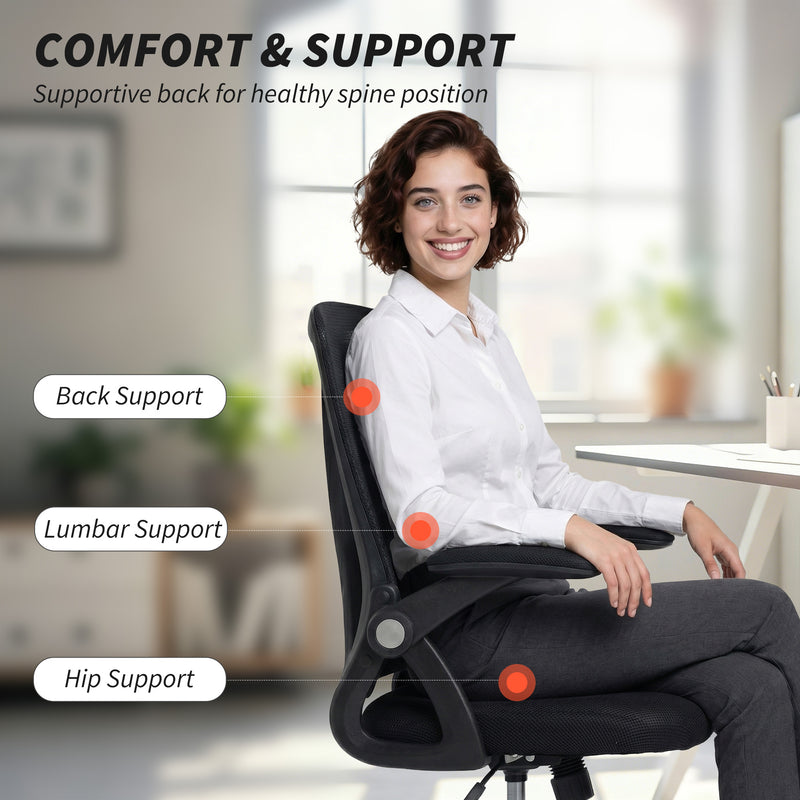 Office Chair with Lumbar Support and Flip Up Arms for Comfortable Home Working Black
