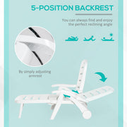 White Folding Sun Lounger Recliner With Wheels and 5 Position Backrest For Garden Use