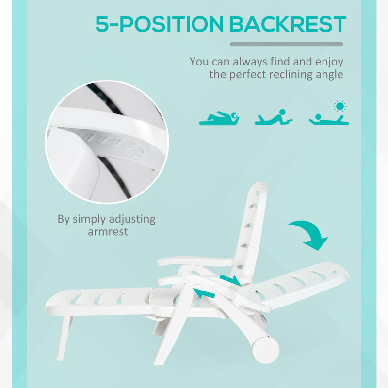 White Folding Sun Lounger Recliner With Wheels and 5 Position Backrest For Garden Use