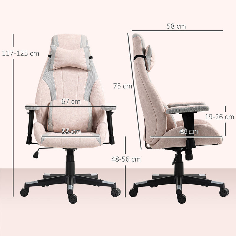 Pale Pink Fabric Gaming Chair With Lumbar Support And Headrest For Comfortable Play