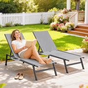 Outsunny Sun Loungers Set of 2 with Side Tray Table, Garden Recliners with 5-Position Adjustable Backrest, 2 Wheels, Grey AOSOM