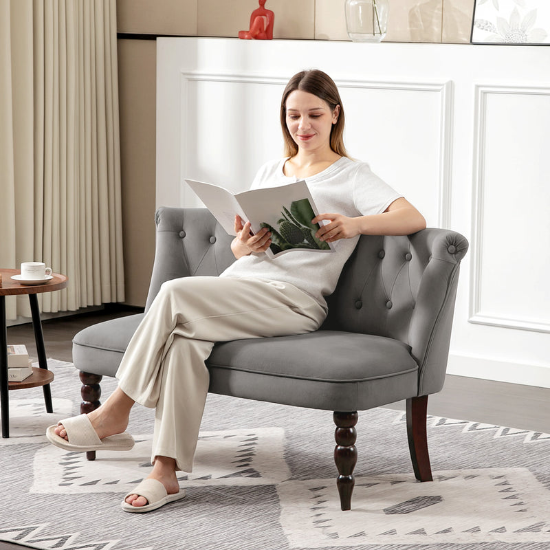 Charcoal Grey Velvet 2 Seater Wingback Sofa with Tufted Backrest and Wood Legs for Living Room