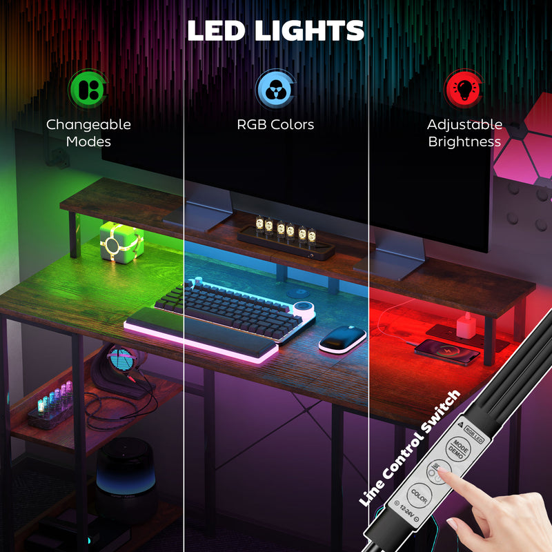 Rustic Brown Computer Desk with LED Lights and Power Outlets 120cm by HOMCOM