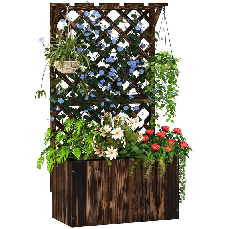 Wooden Planter with Trellis Freestanding Raised Garden Bed with Liner for Outdoor Plants by Outsunny