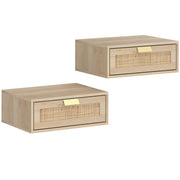 Floating Bedside Tables Set of 2 for Clutter Free Bedroom with Rattan Drawer Oak AOSOM