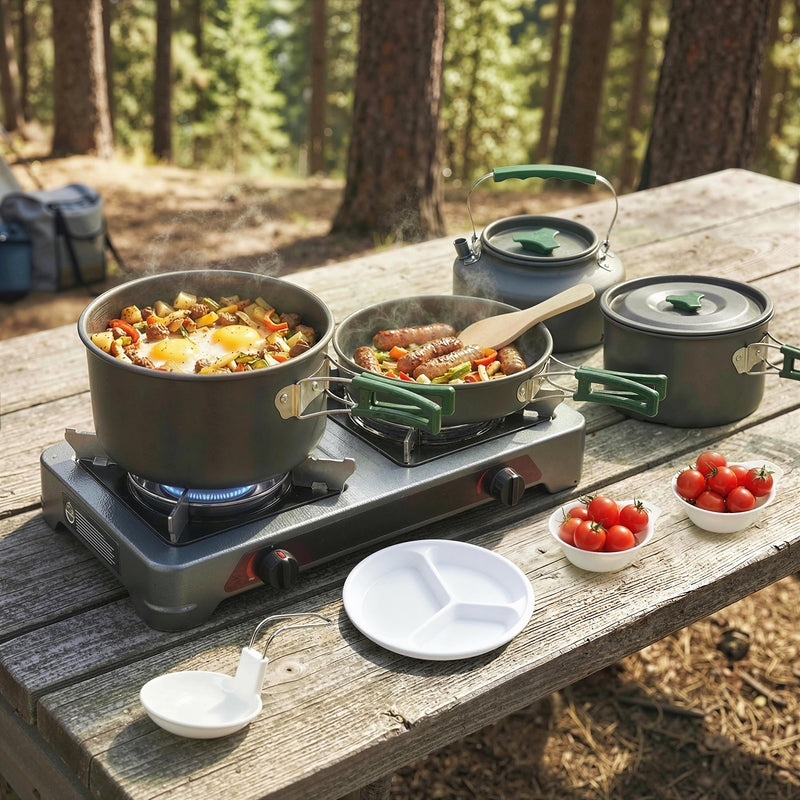 Camping Cookware Set for 4–5 People with Compact Nesting Design for Easy Group Cooking Grey Green