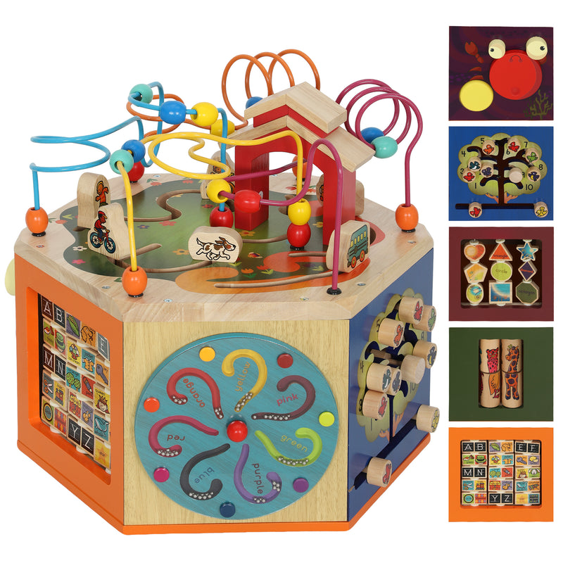 8 in 1 Wooden Activity Cube with Bead Maze and Shape Sorter for Toddlers 18 Months+ Natural AOSOM
