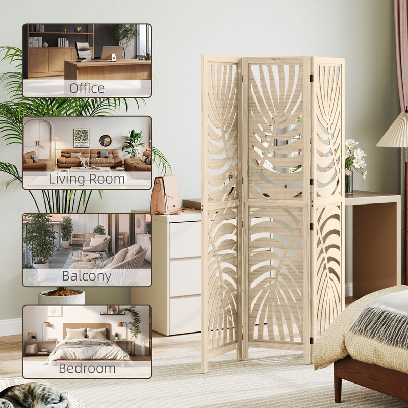 3 Panel Folding Room Divider with Palm Leaf Design for Home Office Privacy, Natural Wood AOSOM