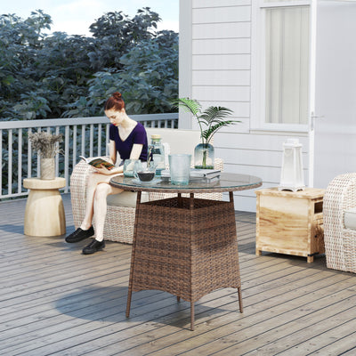 Brown Rattan Garden Coffee Table with Tempered Glass Top and Umbrella Hole by Outsunny