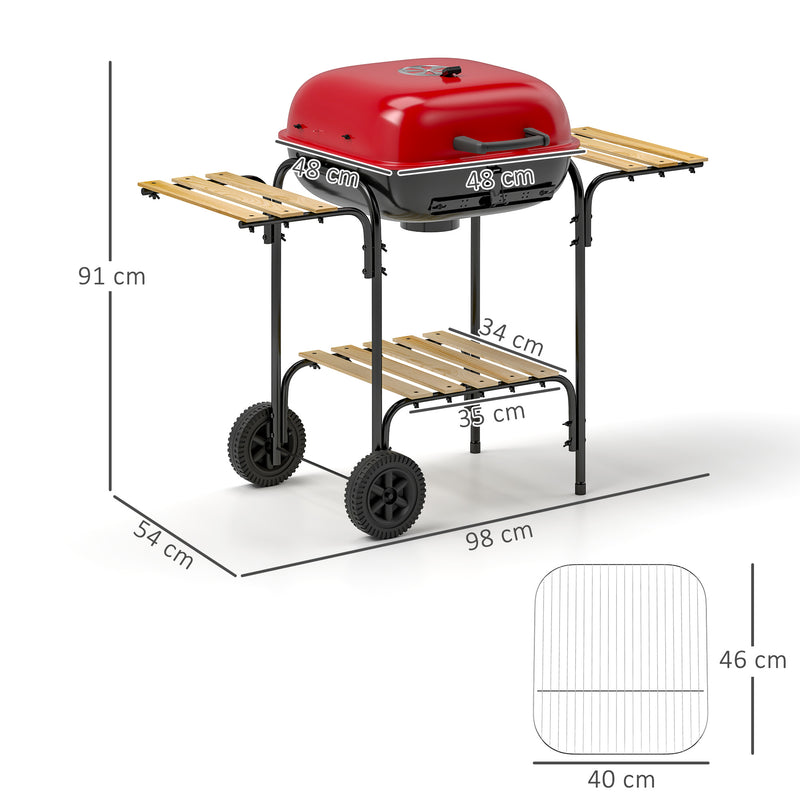 Red Portable Charcoal BBQ Grill with Large Cooking Area Shelves and Wheels by Outsunny