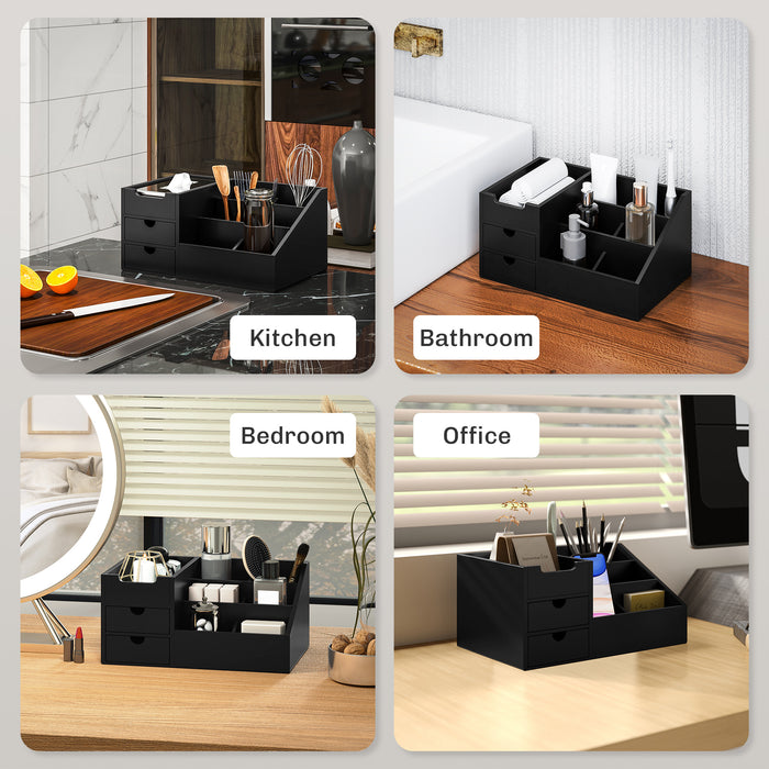 Black Bamboo Desk Organiser with 7 Compartments and 2 Drawers for Home Office by HOMCOM
