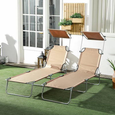 Set of 2 Foldable Sun Loungers With Adjustable Backrest and Sun Shade For Garden or Beach