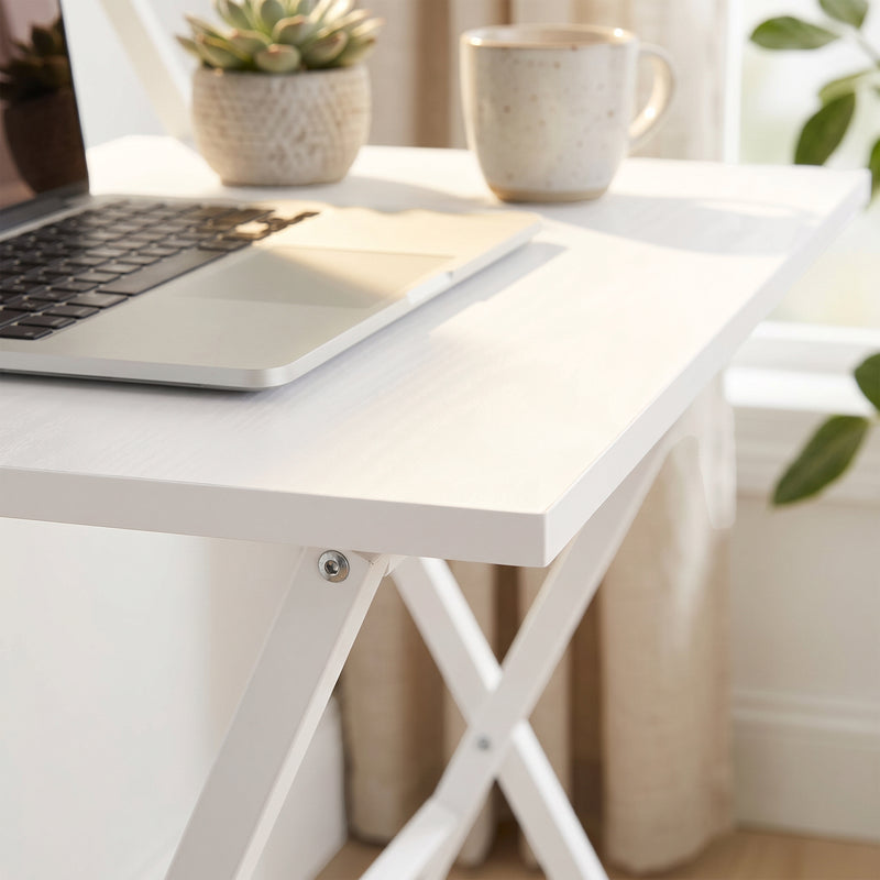 Folding Desk for Small Spaces with Monitor Shelf and Sturdy Steel Frame White