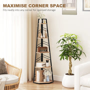 Corner Bookcase with Five Shelves for Space Saving Storage Natural Wood and Black AOSOM