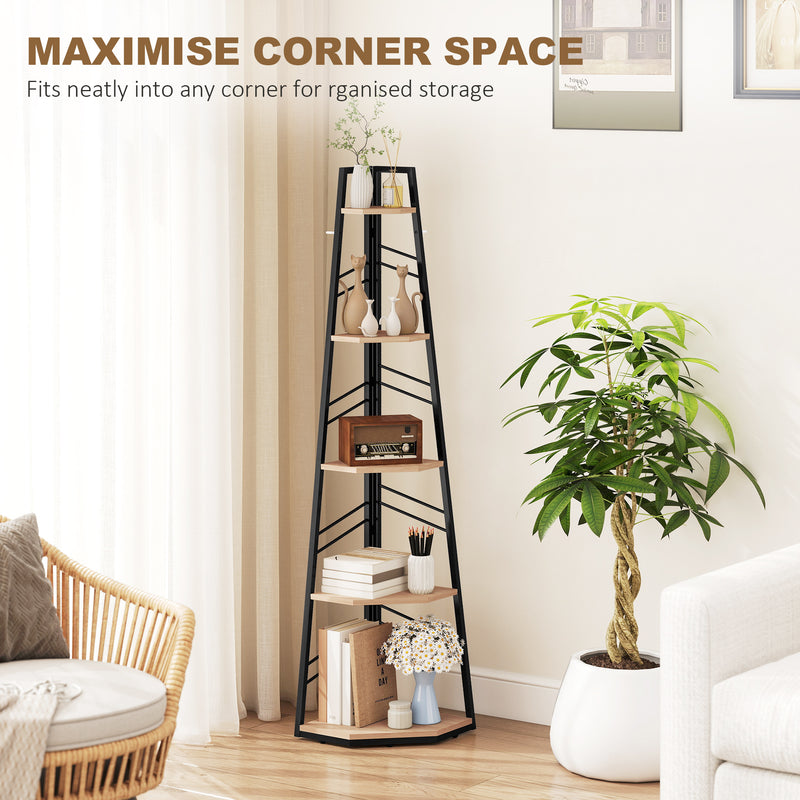 Corner Bookcase with Five Shelves for Space Saving Storage Natural Wood and Black AOSOM