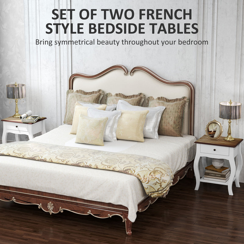 2 Piece French Style Bedside Tables with Drawer and Shelf for Bedroom or Lounge White