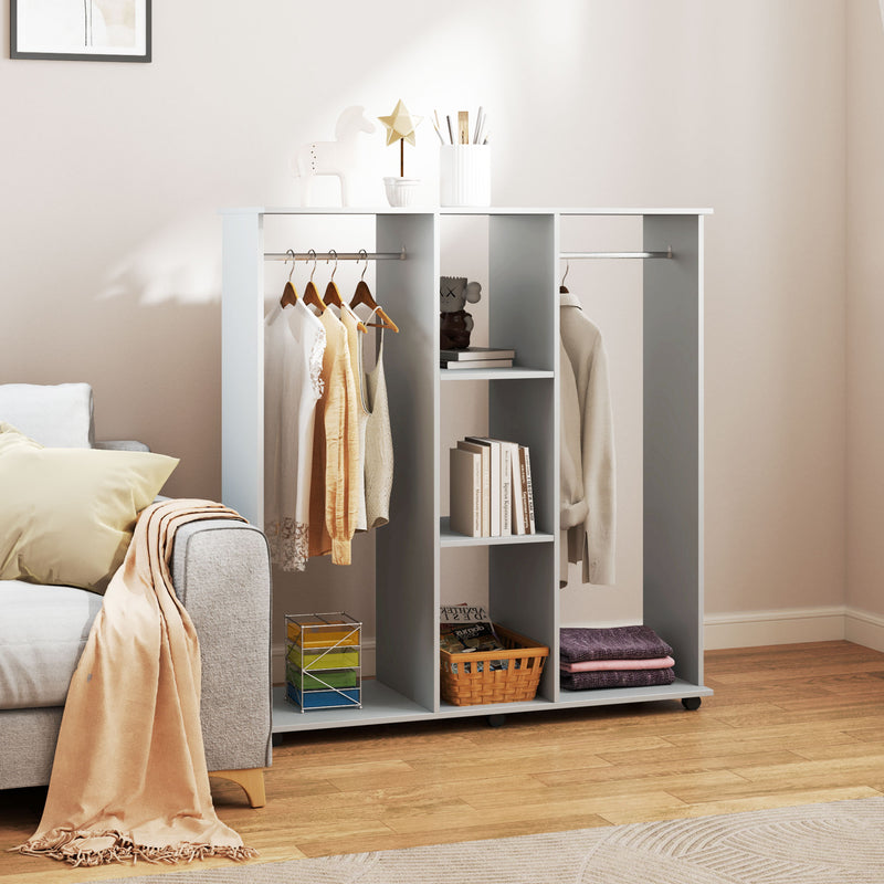 Grey Double Open Wardrobe with Mobile Storage Shelves and 6 Wheels by HOMCOM