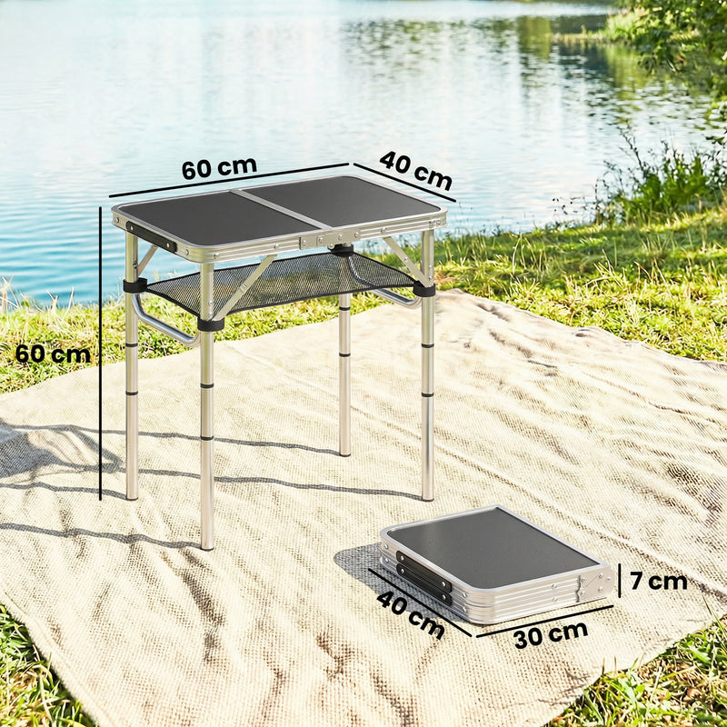 Folding Camping Table with Adjustable Height and Mesh Storage for Outdoor Meals Black and Silver