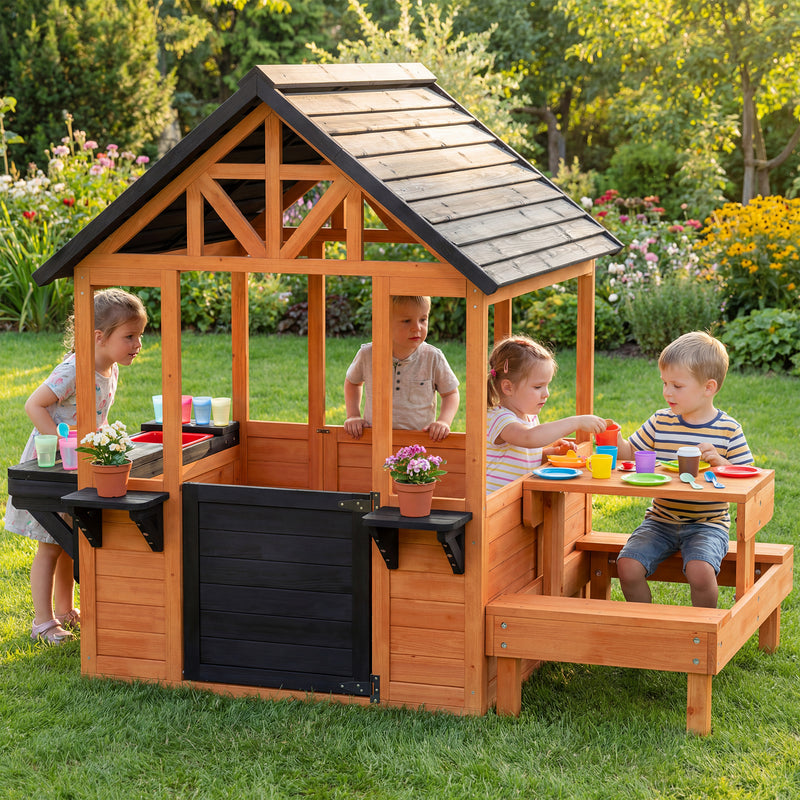 Wooden Outdoor Playhouse With Benches and Snack Bar for Creative Kids Role Play Light Brown Aiyaplay