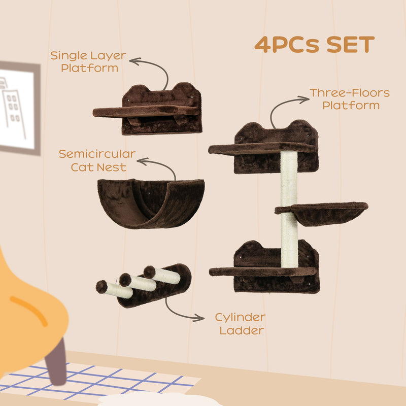 Wall Mounted Cat Shelves with Hammock Nest and Scratching Post for Climbing Fun Brown