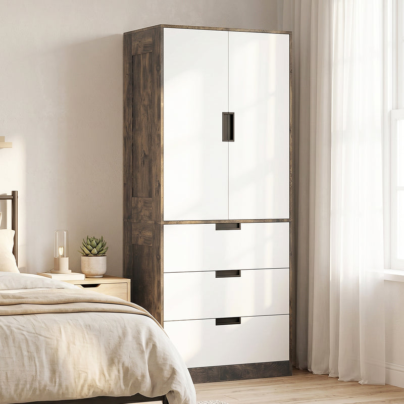 Double Wardrobe with Drawers for Organised Bedroom Storage and Soft Close Doors Rustic Brown