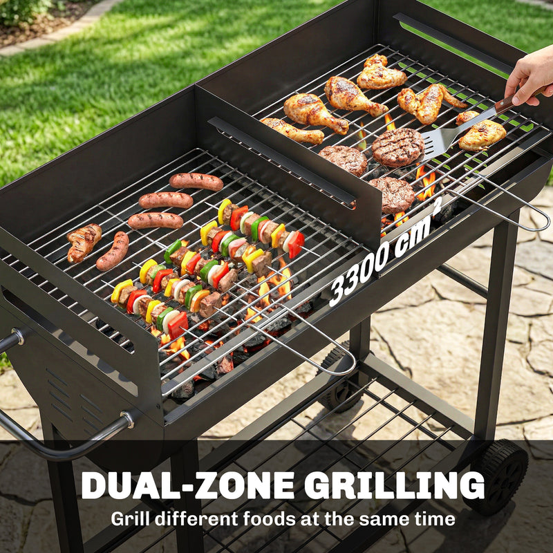 Half Drum Charcoal BBQ Grill Trolley with 2 Cooking Zones for Easy Family Barbecues Black Outsunny