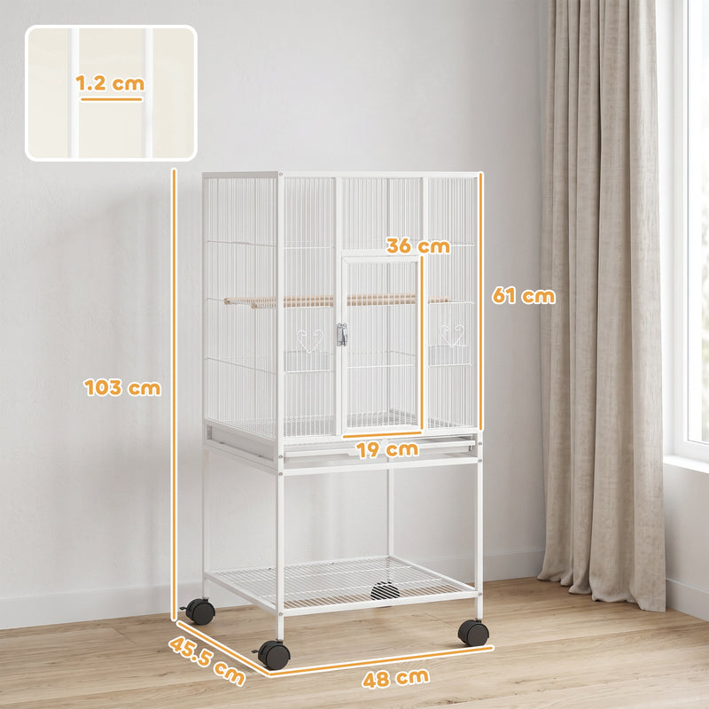 Mobile Bird Cage With Stand and Storage Shelf for Easy Cleaning and Moving White