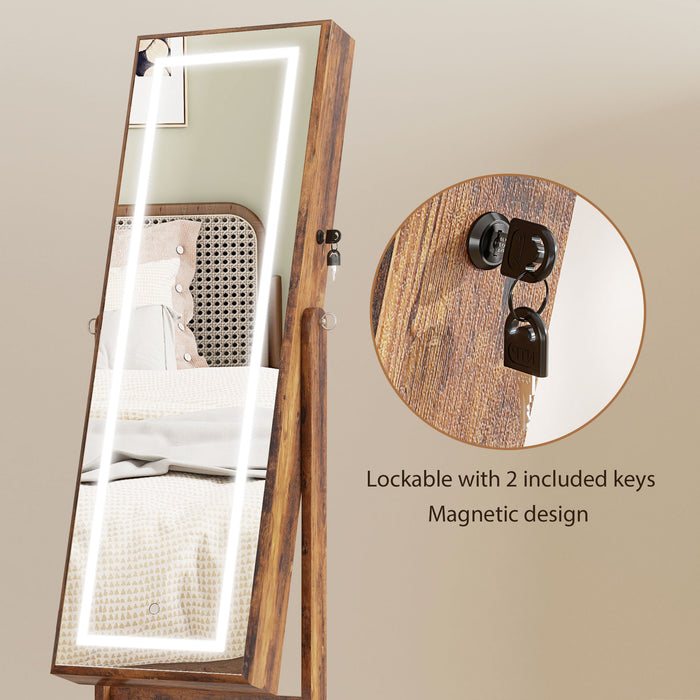 Lockable Jewellery Cabinet with LED Light and Full Length Mirror Rustic Brown by HOMCOM