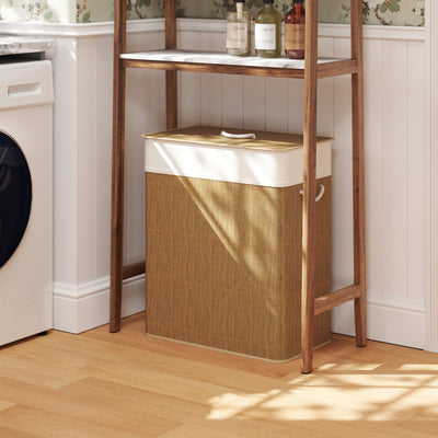 100L Double Laundry Hamper with Lid and Removable Liner Brown Bamboo Basket