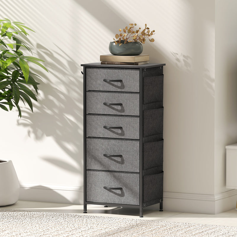 Tall Chest of 5 Fabric Storage Drawers for Bedroom or Hallway Organising, Charcoal Grey