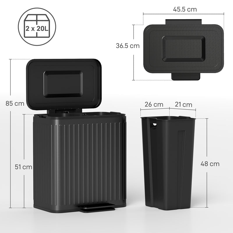 40L Dual Compartment Recycling Rubbish Bin With Soft Close Lid For Kitchen Use Black