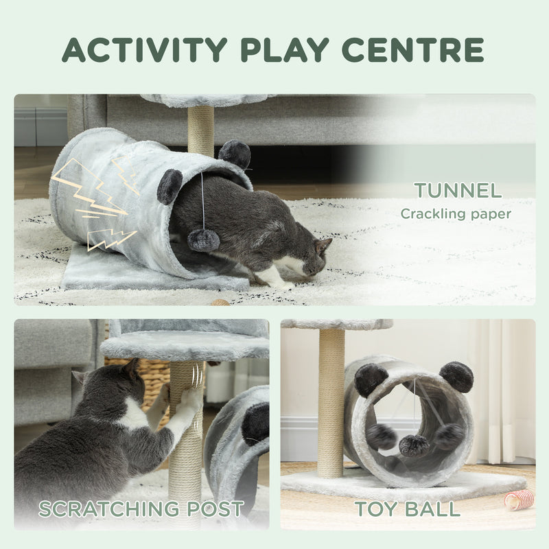 Grey 47cm Small Cat Tree with Scratching Post Bed Tunnel and Toy Ball by PawHut