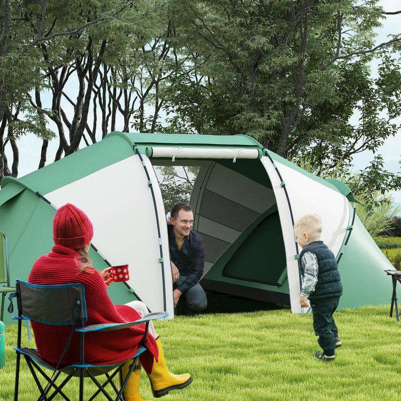 Tunnel Tent with Two Bedrooms and Living Area for Group Camping 4–6 Person Green White