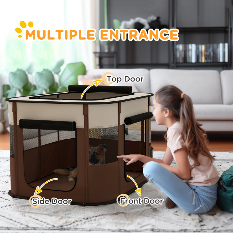 Foldable Dog Playpen with Storage Bag and Ground Stakes for Indoor Outdoor Use Brown