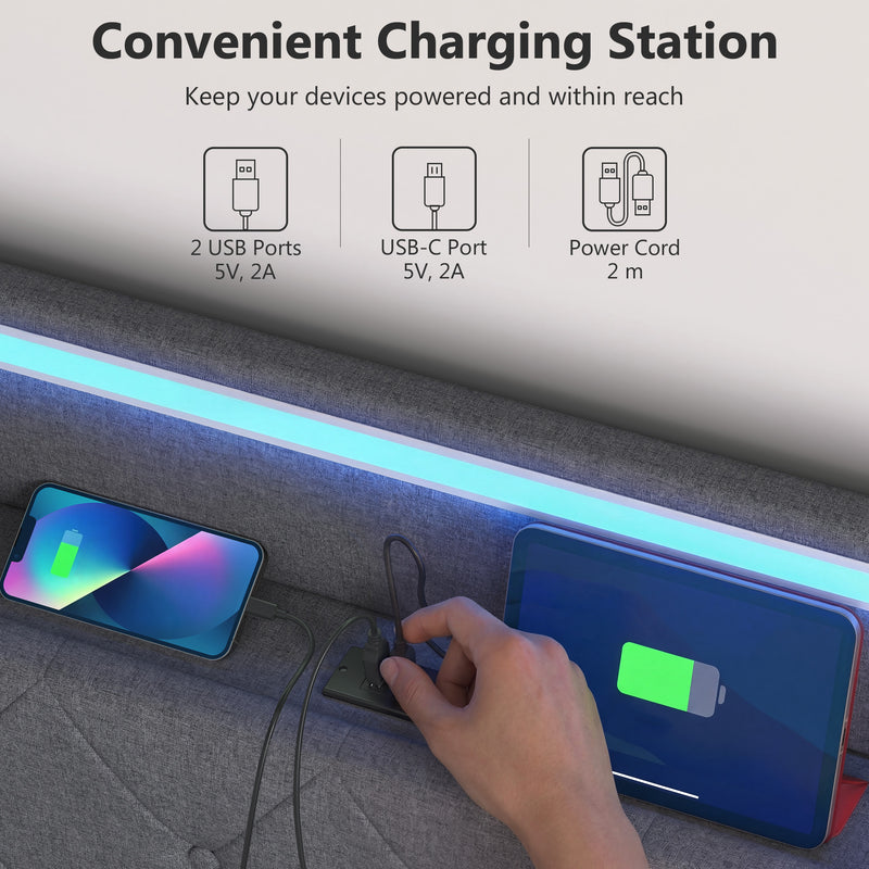 King Size Ottoman Storage Bed Frame with USB Charging and LED Lighting Dark Grey AOSOM