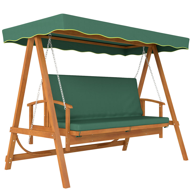 Wooden 3 Seater Garden Swing Chair Convertible Hammock Bench Lounger Dark Green Cushions by Outsunny