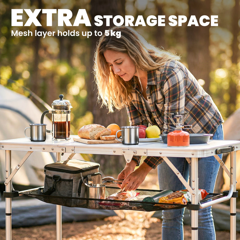 Folding Picnic Table with Mesh Shelf for Stable Outdoor Snacks and Drinks Cream White