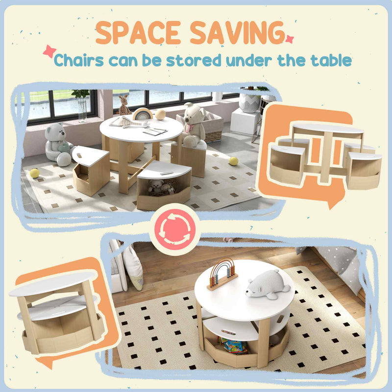 5 Piece Kids Table and Chairs Set with Storage Ideal for Ages 3 to 8 Years White AOSOM