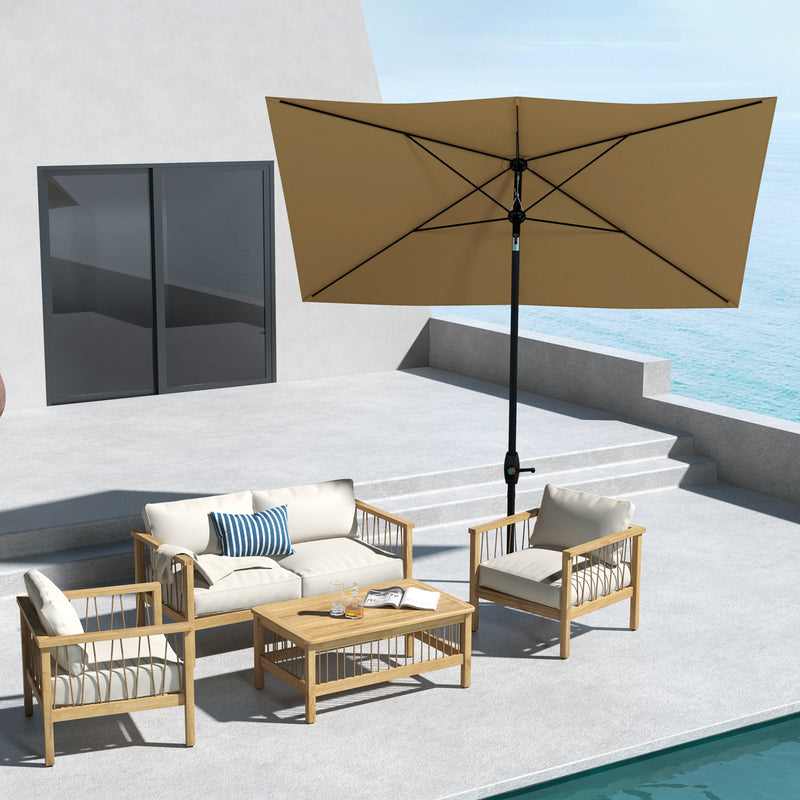 Brown 2 x 3m Rectangular Garden Parasol with Crank Tilt Aluminium Pole Sun Shade