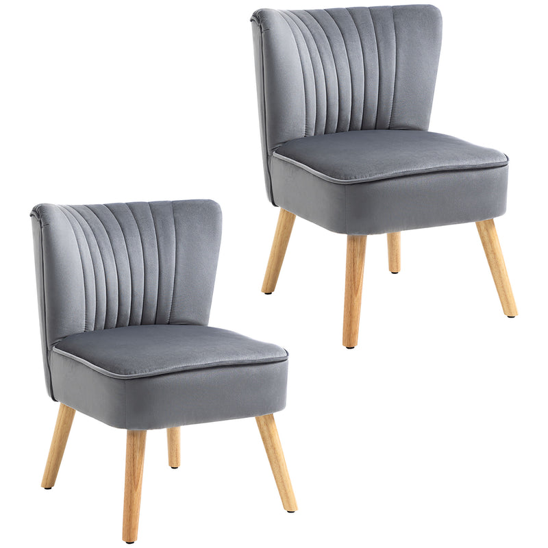 Set of 2 Velvet Accent Chairs with Padded Curved Back and Wood Legs for Living Room Grey