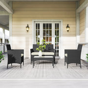 Rattan Garden Furniture Set for 4 with Cushions and Glass Coffee Table Cream White Outsunny