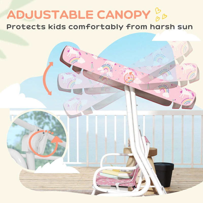 2 Seater Kids Garden Swing Bench With Adjustable Canopy And Seat Belts, Pink Aiyaplay