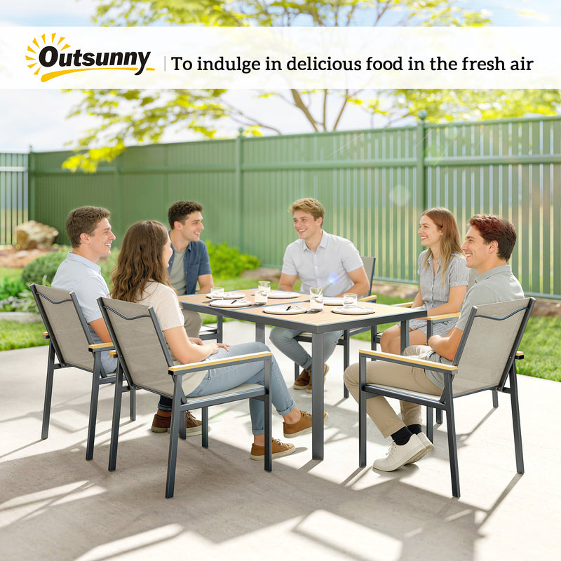 Garden Dining Set 6 Seater with Easy Clean Table and Breathable Chairs, Teak Outsunny
