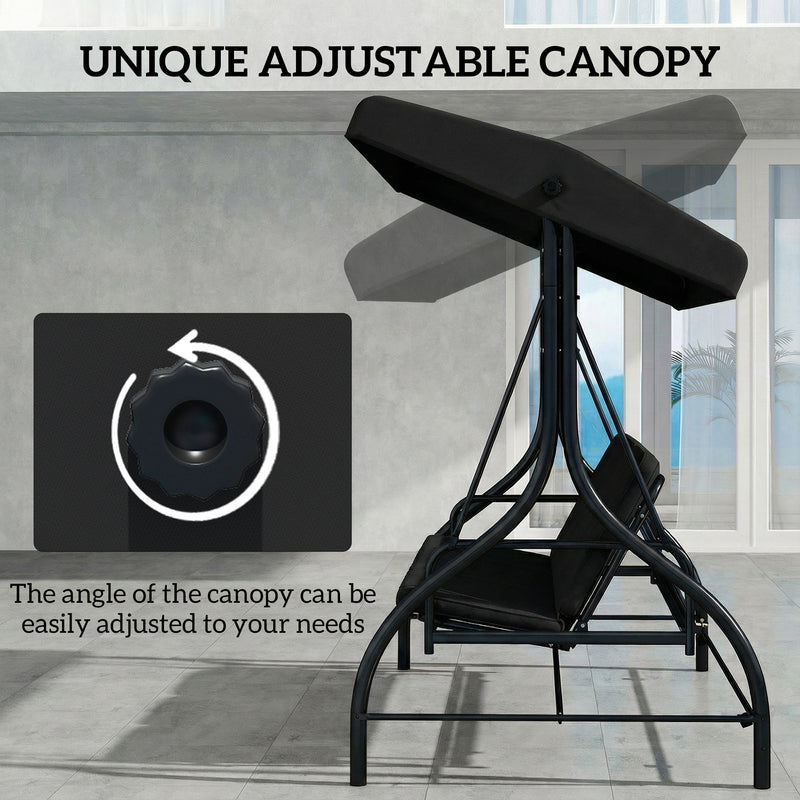 3 Seater Garden Swing Seat with Adjustable Canopy and Fold Flat Bed for Outdoor Relaxing Black