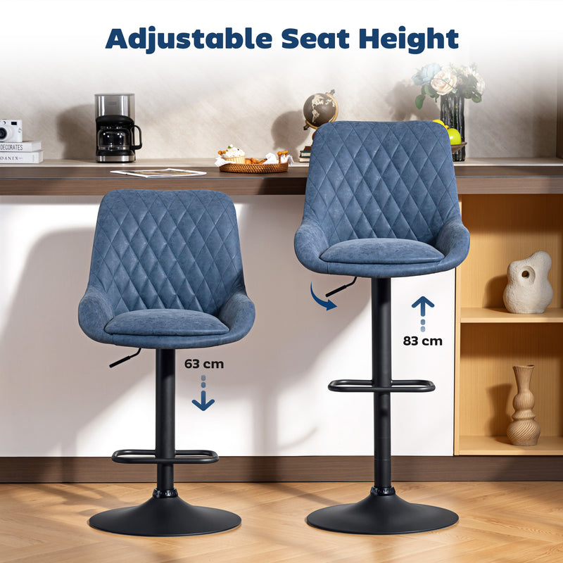 Set of 2 Retro Bar Stools with Adjustable Height and Padded Seat for Kitchen Dark Blue