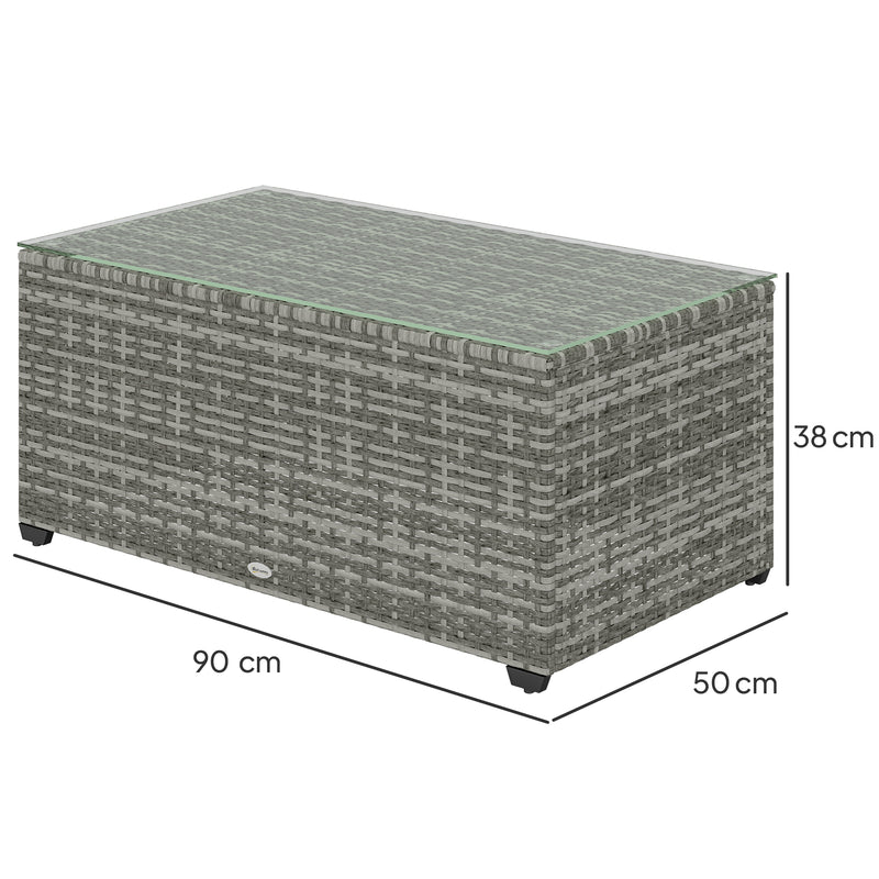 Light Grey Rattan Side Table with 90 x 50cm Glass Top for Garden or Patio by Outsunny