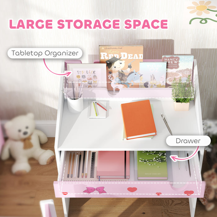 Pink Kids Study Table and Chair Set With Storage and Pull-Out Drawer for Ages 3-6 by AIYAPLAY