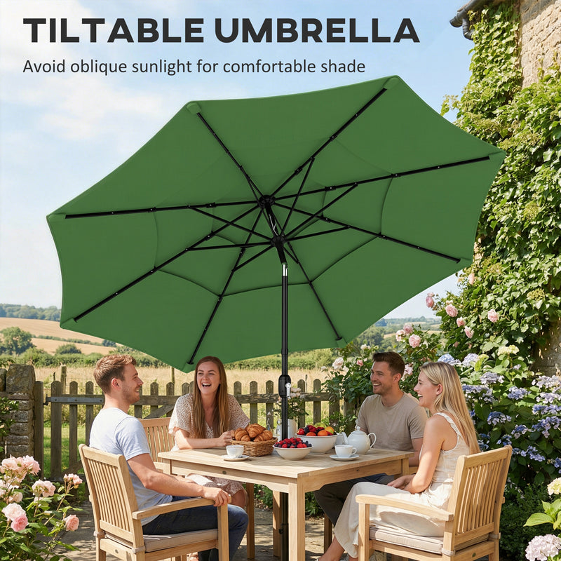 Garden Parasol with Adjustable Tilt and Three-Tier Ventilated Canopy for Cool Shade Green Outsunny